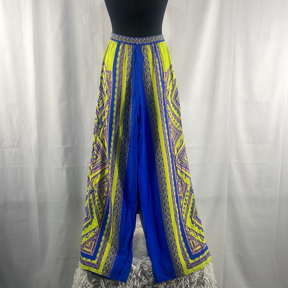 Royal Blue, Neon yellow multi colored, boho, wide leg high rise pants, Small - Picture 5 of 5